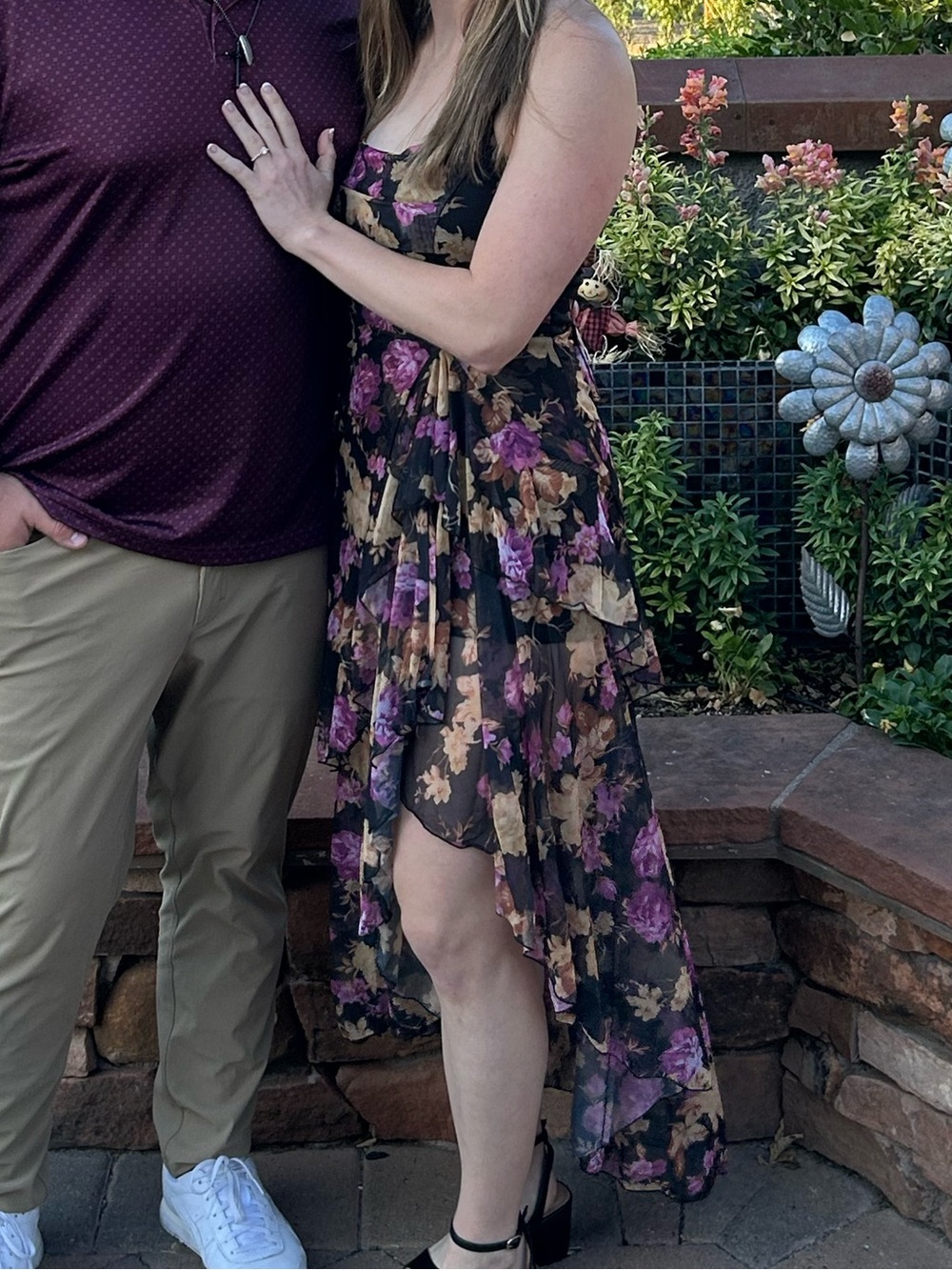 Lulu's Black Floral Cowl Neck Dress with Purple and Gold Flowers